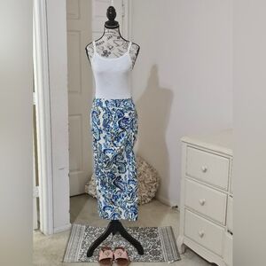 Blue and White Patterned Silky Women's Skirt With Side Slit